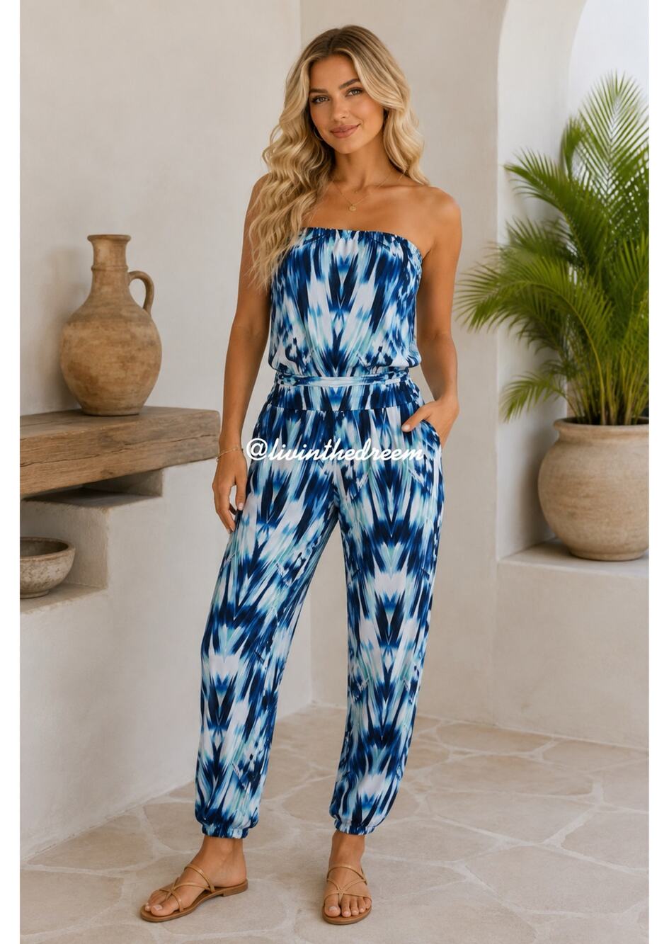 Tart Collections Blue & Green Strapless Super Soft Jumpsuit SZ M